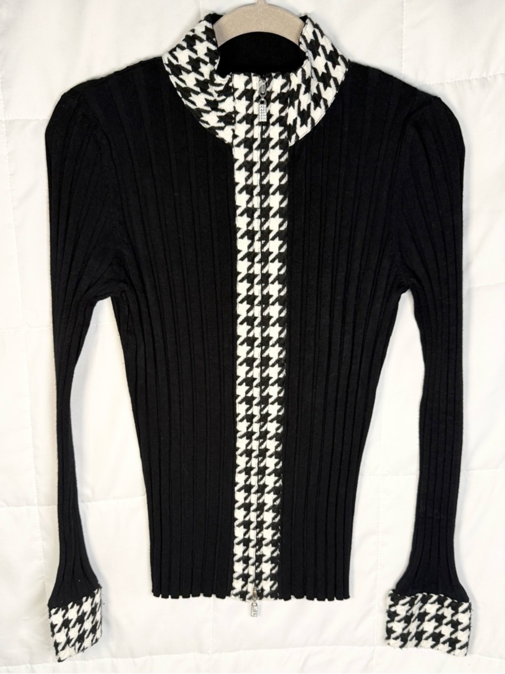Vintage 90s Belldini Black Ribbed Zip Cardigan with Houndstooth Trim